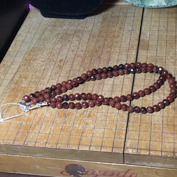 925 Hook Clasp, Chain Semiprecious Mahogany Obsidian Stone Necklace 17”L Faceted - Picture 2 of 10